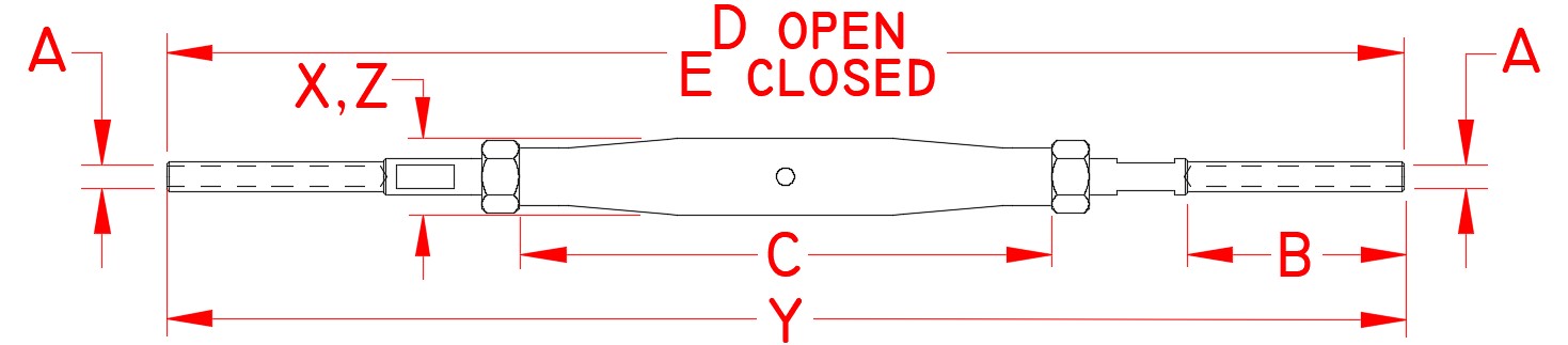 Stainless Steel Hand Swage Stud & Stud - Closed Body, Turnbuckle, S0796-H0703, S0796-H0705, Line Drawing